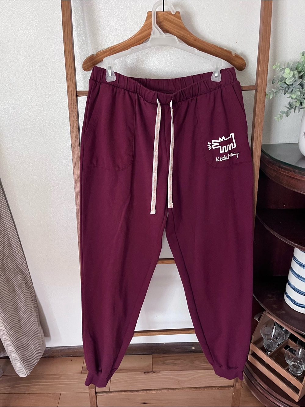 Keith Haring Maroon Drawstring Jogger Pants